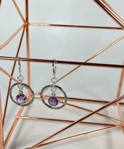 Bejeweled Amethyst & Hammered Silver Earrings B-146 Handmade