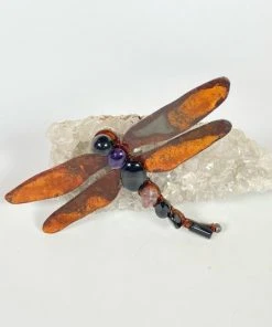 Bejeweled Handmade Gemstone Dragonfly Magnet With Onyx & Amethyst M-511
