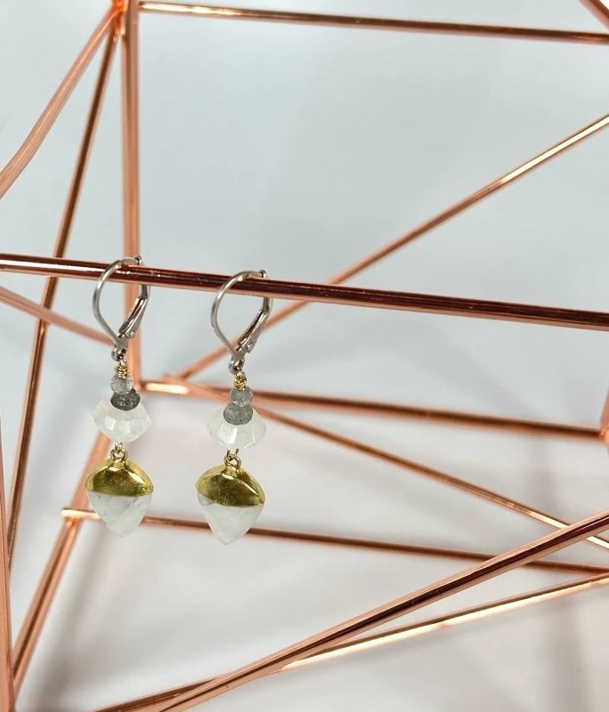 Bejeweled Handmade Gold & Moonstone Dangly Earrings B-147