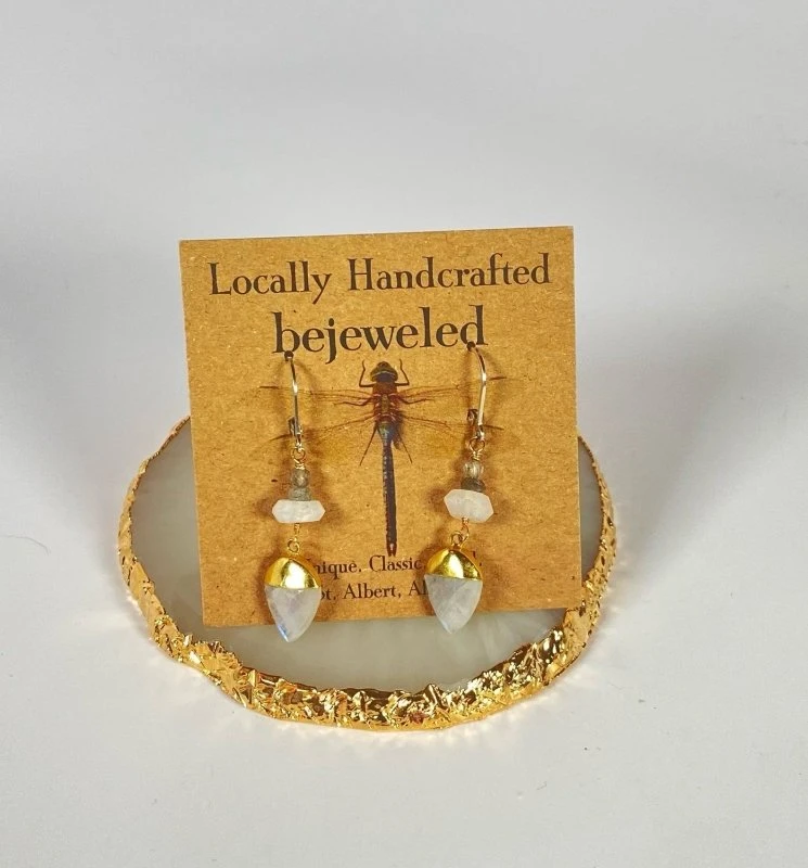 Bejeweled Handmade Gold & Moonstone Dangly Earrings B-147