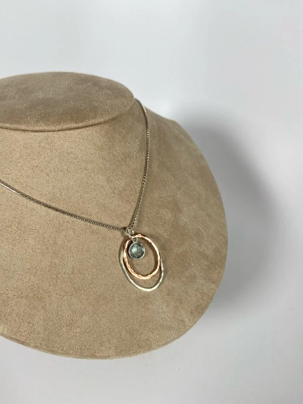 Bejeweled Handmade Hammered Copper, Sterling Silver & Aquamarine Pendant Necklace B-162