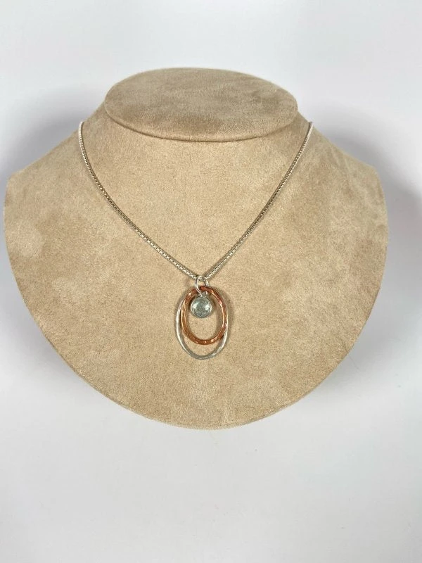 Bejeweled Handmade Hammered Copper, Sterling Silver & Aquamarine Pendant Necklace B-162