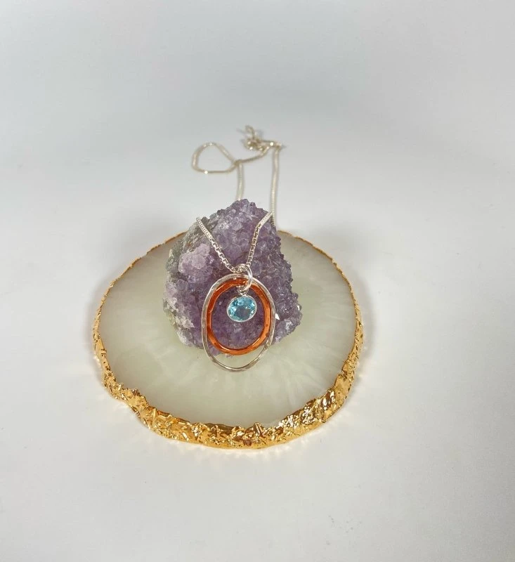 Bejeweled Handmade Hammered Copper, Sterling Silver & Aquamarine Pendant Necklace B-162
