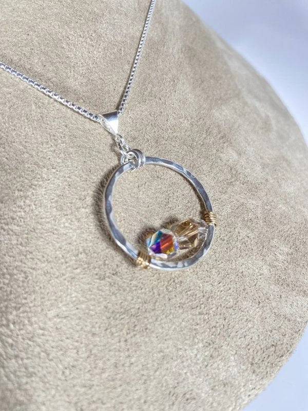 Bejeweled Handmade Hammered Silver & Swarovski Crystal Pendant Necklace B-157