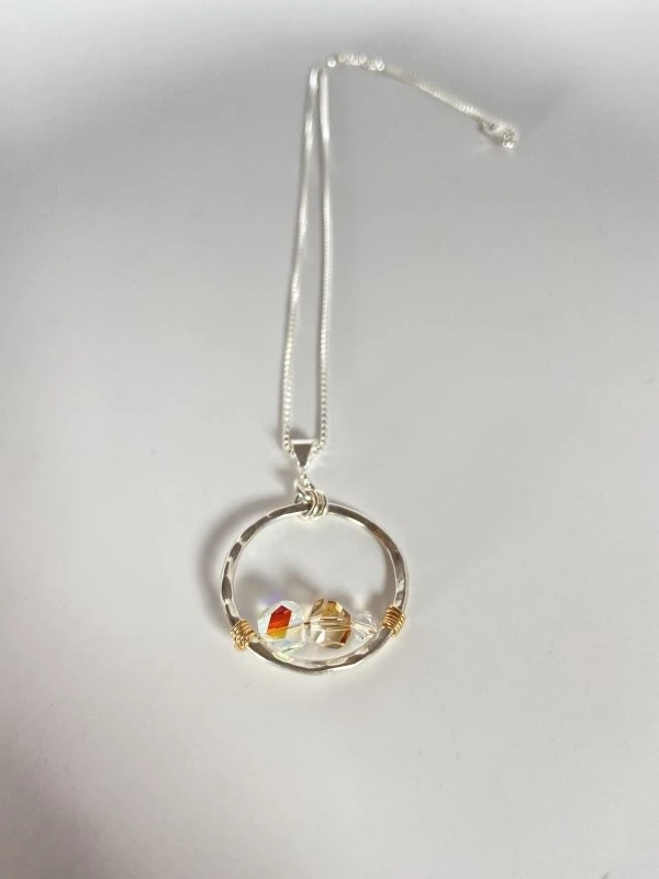 Bejeweled Handmade Hammered Silver & Swarovski Crystal Pendant Necklace B-157