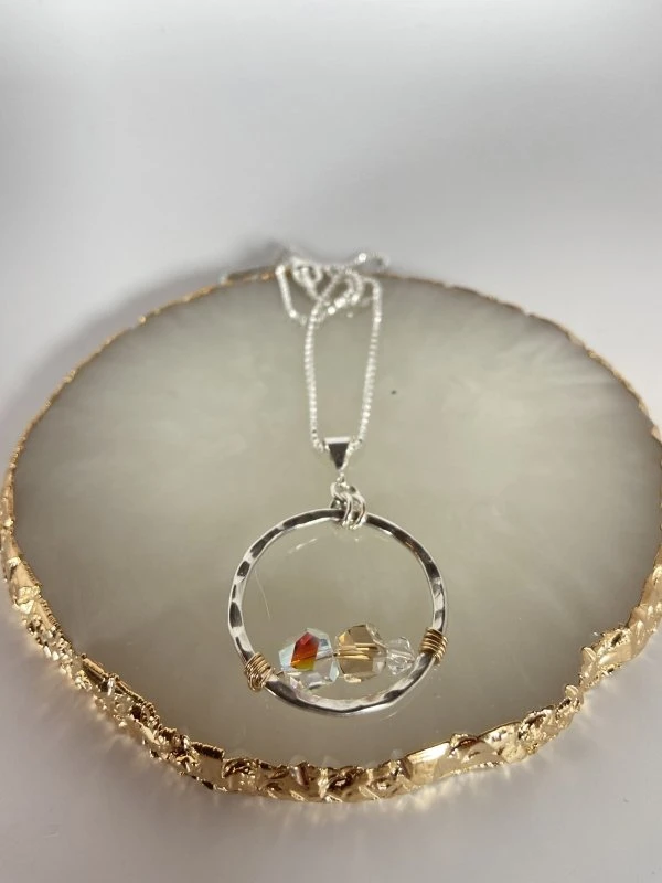 Bejeweled Handmade Hammered Silver & Swarovski Crystal Pendant Necklace B-157