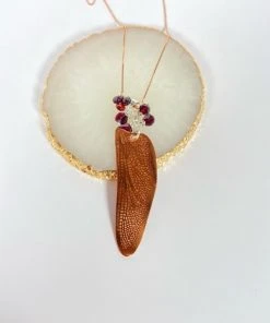 Bejeweled Handmade Handcrafted Copper Dragonfly Wing With Garnet B-165