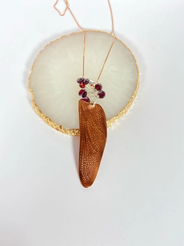 Bejeweled Handmade Handcrafted Copper Dragonfly Wing With Garnet B-165