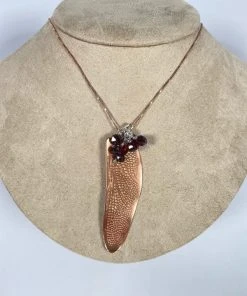 Bejeweled Handmade Handcrafted Copper Dragonfly Wing With Garnet B-165