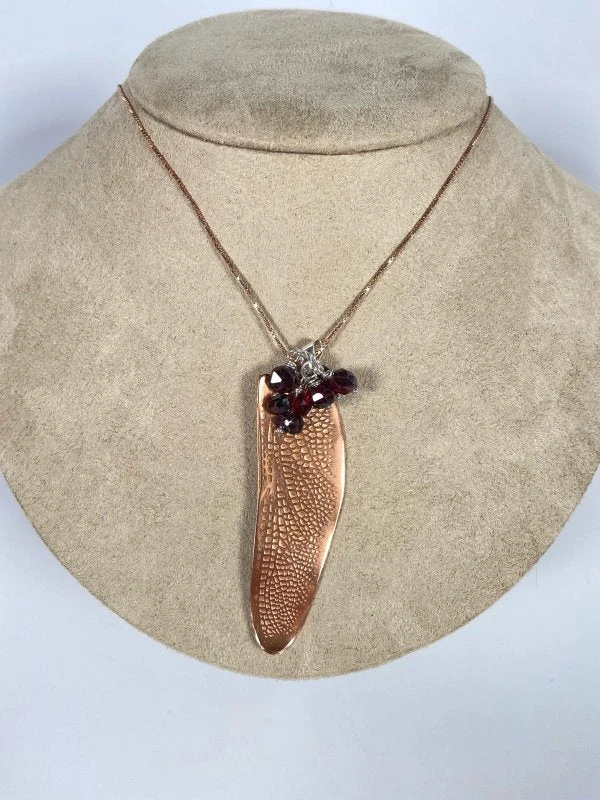 Bejeweled Handmade Handcrafted Copper Dragonfly Wing With Garnet B-165