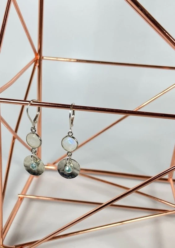 Bejeweled Handmade Moonstone & Aquamarine Crystal Earrings B-145