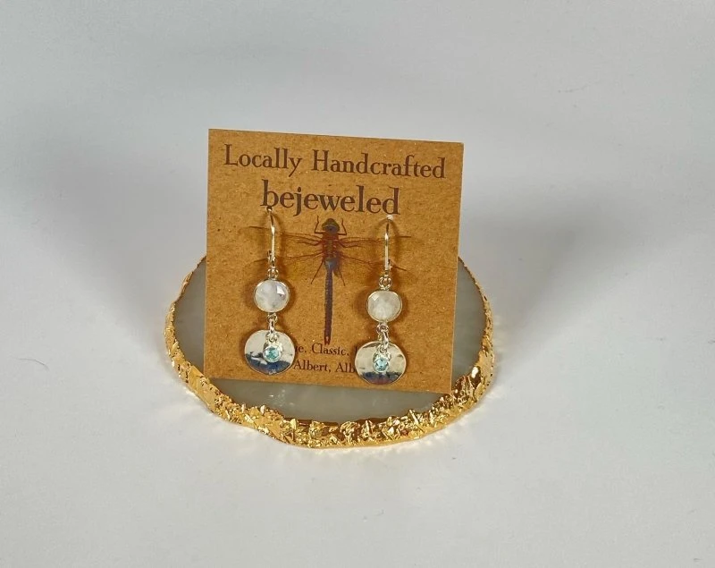 Bejeweled Handmade Moonstone & Aquamarine Crystal Earrings B-145