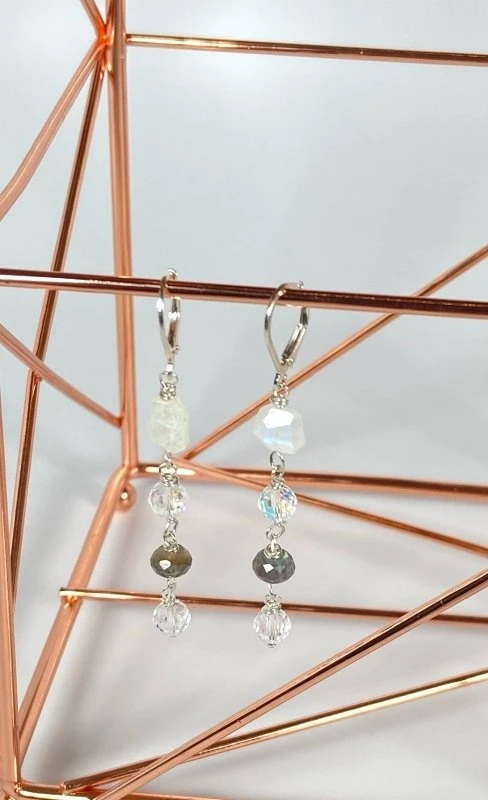 Bejeweled Moonstone Labradorite & Crystal Earrings B-130 Handmade