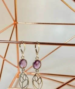 Bejeweled Handmade Sterling Silver Leaf And Amethyst Earrings B-106